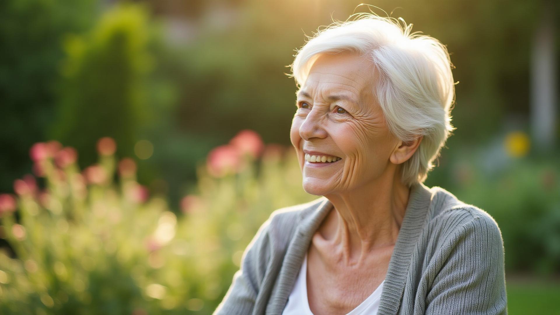 Senhora sorrindo em jardim ao pôr do sol
